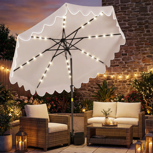 9 FT Outdoor Patio Umbrella, Solar LED Lights, Weighted Base, Beige Outdoor Umbrellas Beige at Gallery Canada
