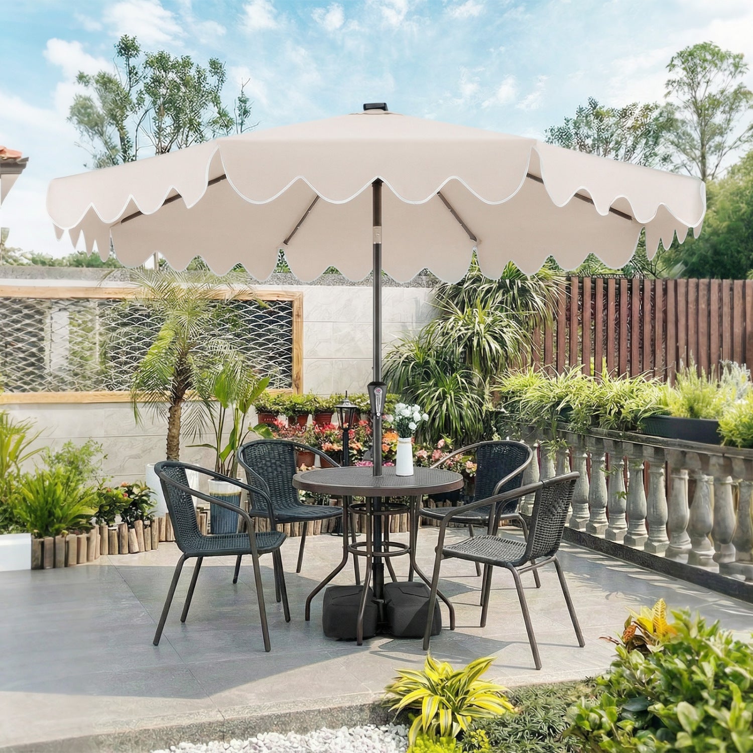 9 FT Outdoor Patio Umbrella, Solar LED Lights, Weighted Base, Beige Outdoor Umbrellas at Gallery Canada