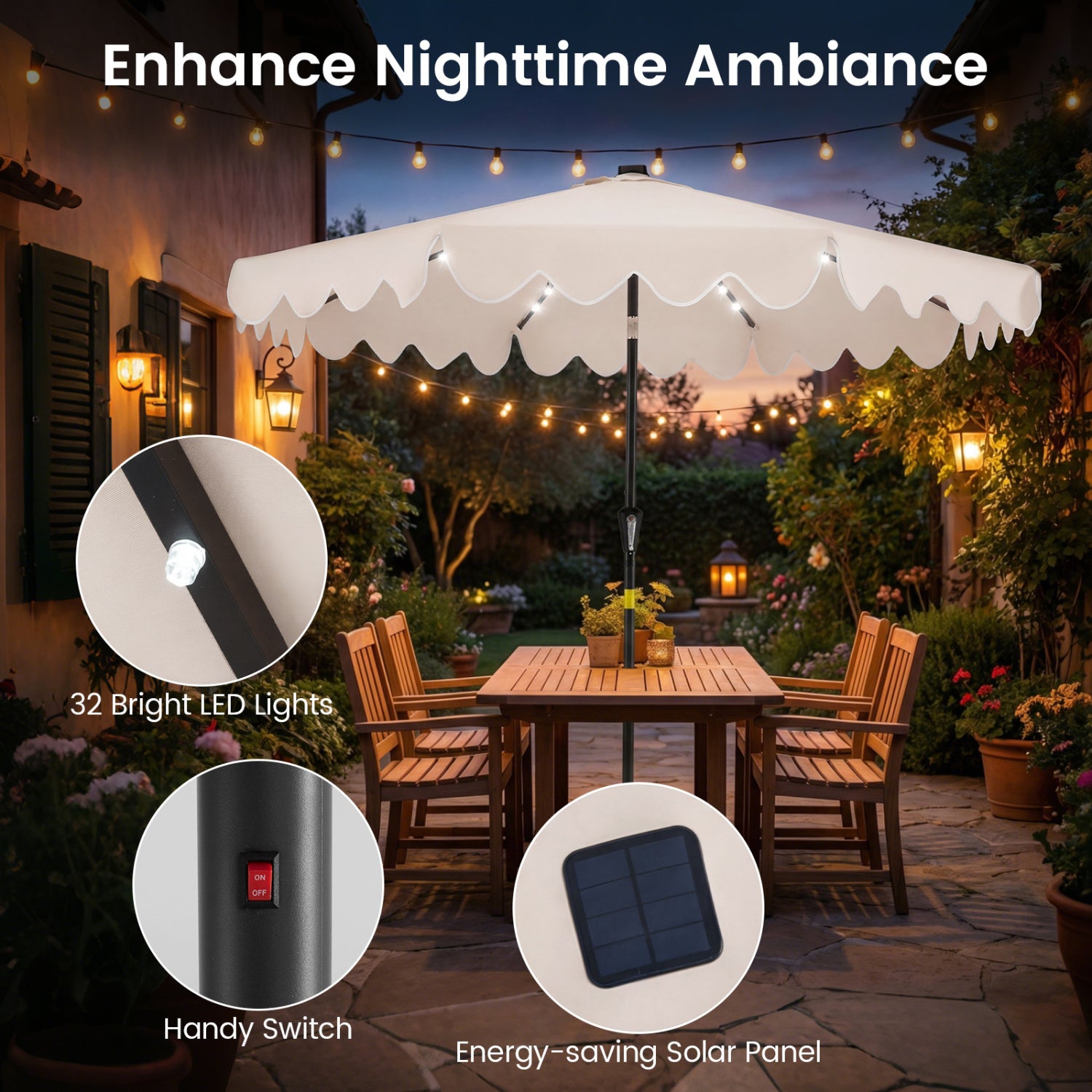 9 FT Outdoor Patio Umbrella, Solar LED Lights, Weighted Base, Beige Outdoor Umbrellas at Gallery Canada