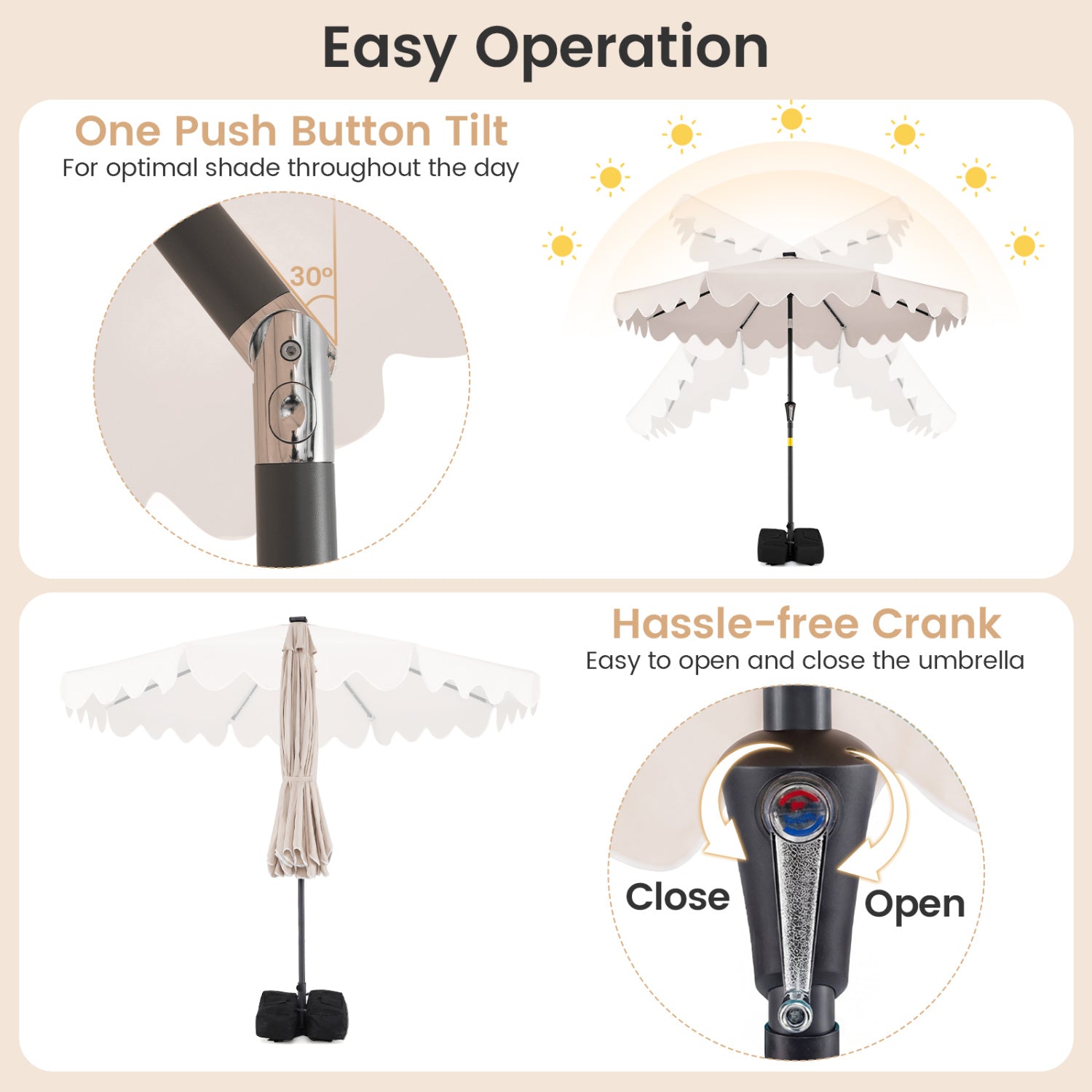 9 FT Outdoor Patio Umbrella, Solar LED Lights, Weighted Base, Beige Outdoor Umbrellas at Gallery Canada