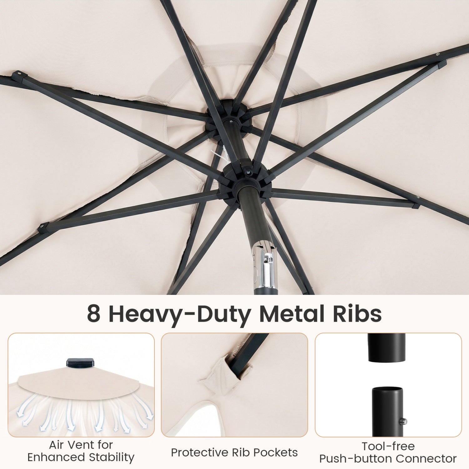 9 FT Outdoor Patio Umbrella, Solar LED Lights, Weighted Base, Beige Outdoor Umbrellas at Gallery Canada