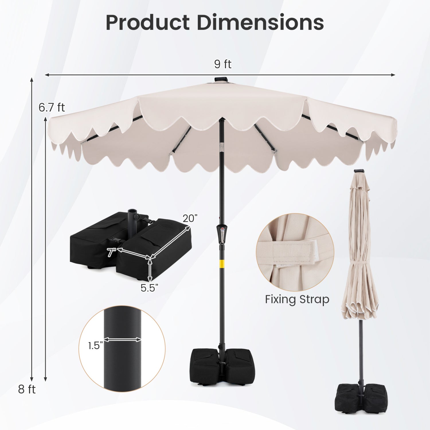 9 FT Outdoor Patio Umbrella, Solar LED Lights, Weighted Base, Beige Outdoor Umbrellas at Gallery Canada