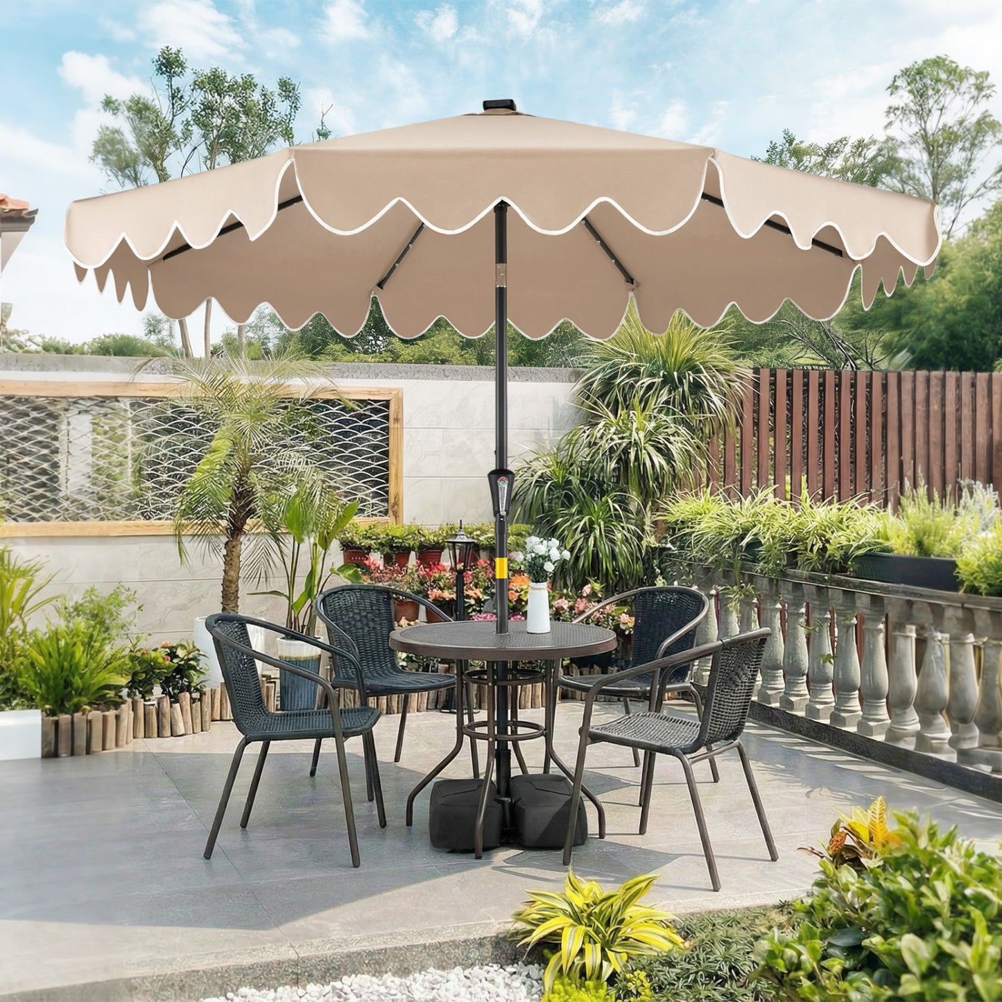 9 FT Outdoor Patio Umbrella, Solar LED Lights, Weighted Base, Brown Outdoor Umbrellas at Gallery Canada