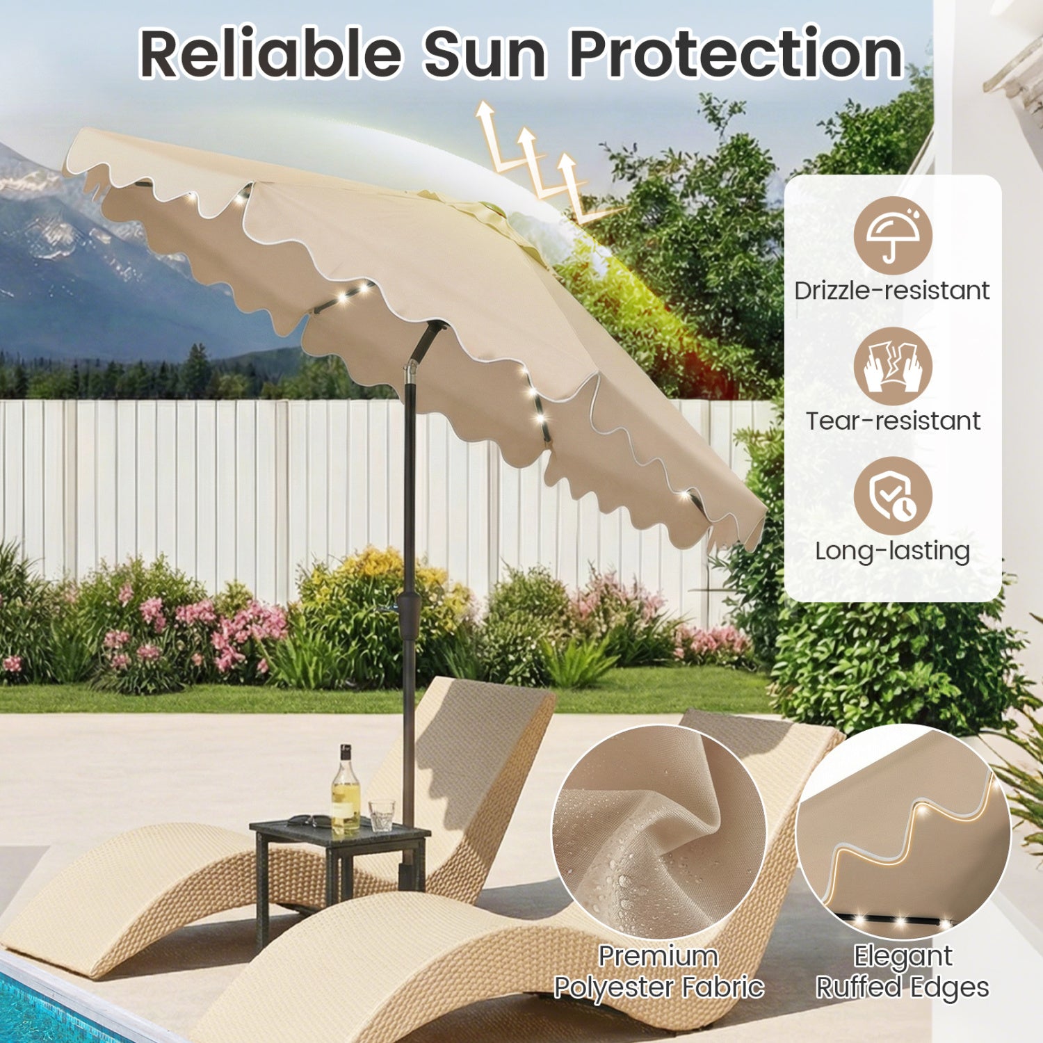9 FT Outdoor Patio Umbrella, Solar LED Lights, Weighted Base, Brown Outdoor Umbrellas at Gallery Canada