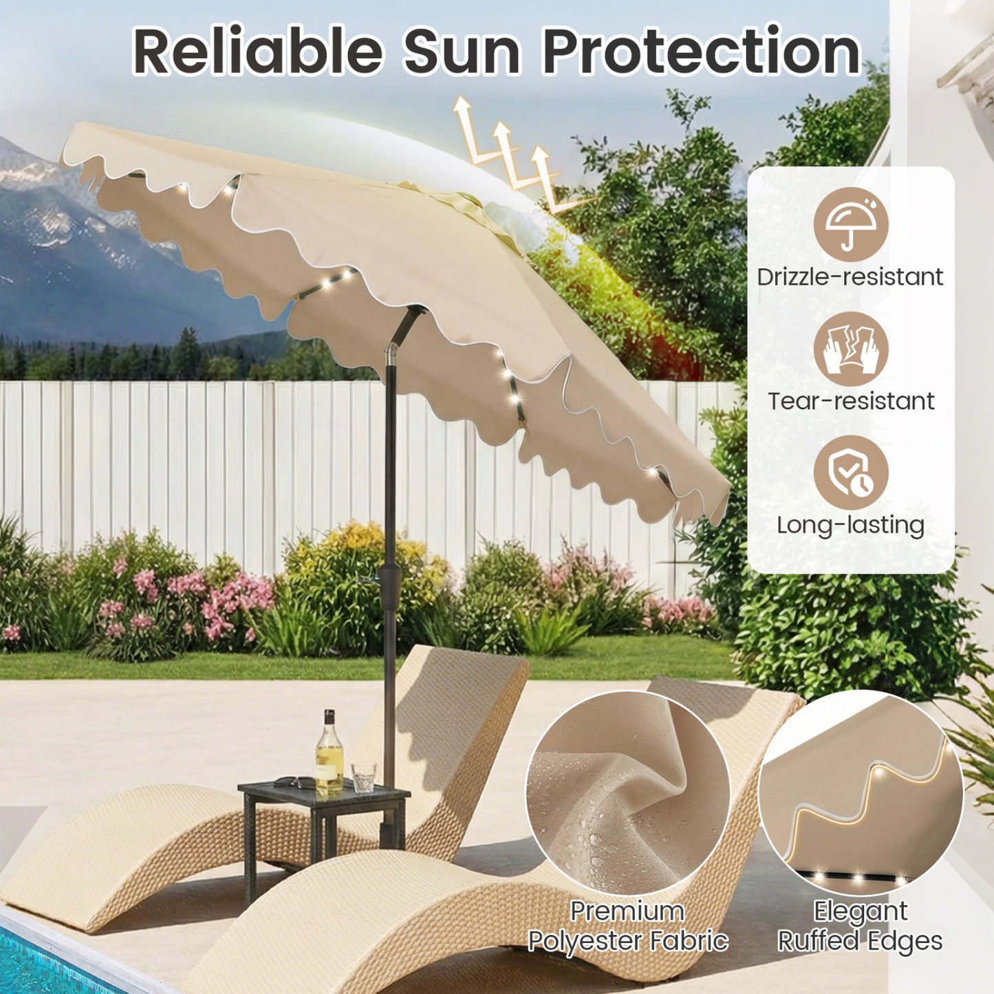 9 FT Outdoor Patio Umbrella, Solar LED Lights, Weighted Base, Brown Outdoor Umbrellas at Gallery Canada