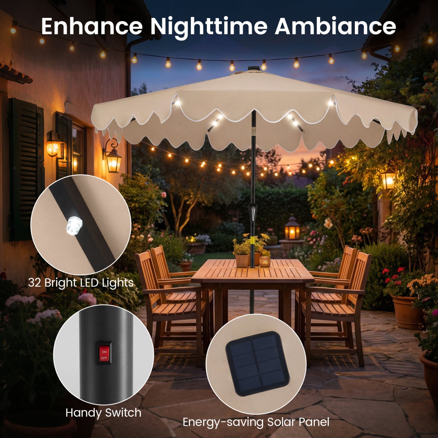9 FT Outdoor Patio Umbrella, Solar LED Lights, Weighted Base, Brown Outdoor Umbrellas at Gallery Canada