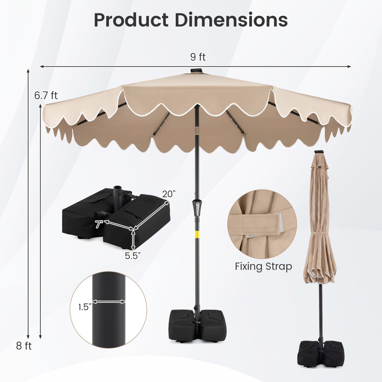 9 FT Outdoor Patio Umbrella, Solar LED Lights, Weighted Base, Brown Outdoor Umbrellas at Gallery Canada