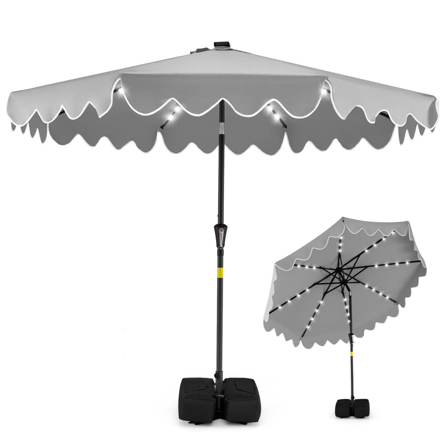 9 FT Outdoor Patio Umbrella, Solar LED Lights, Weighted Base, Gray Outdoor Umbrellas at Gallery Canada
