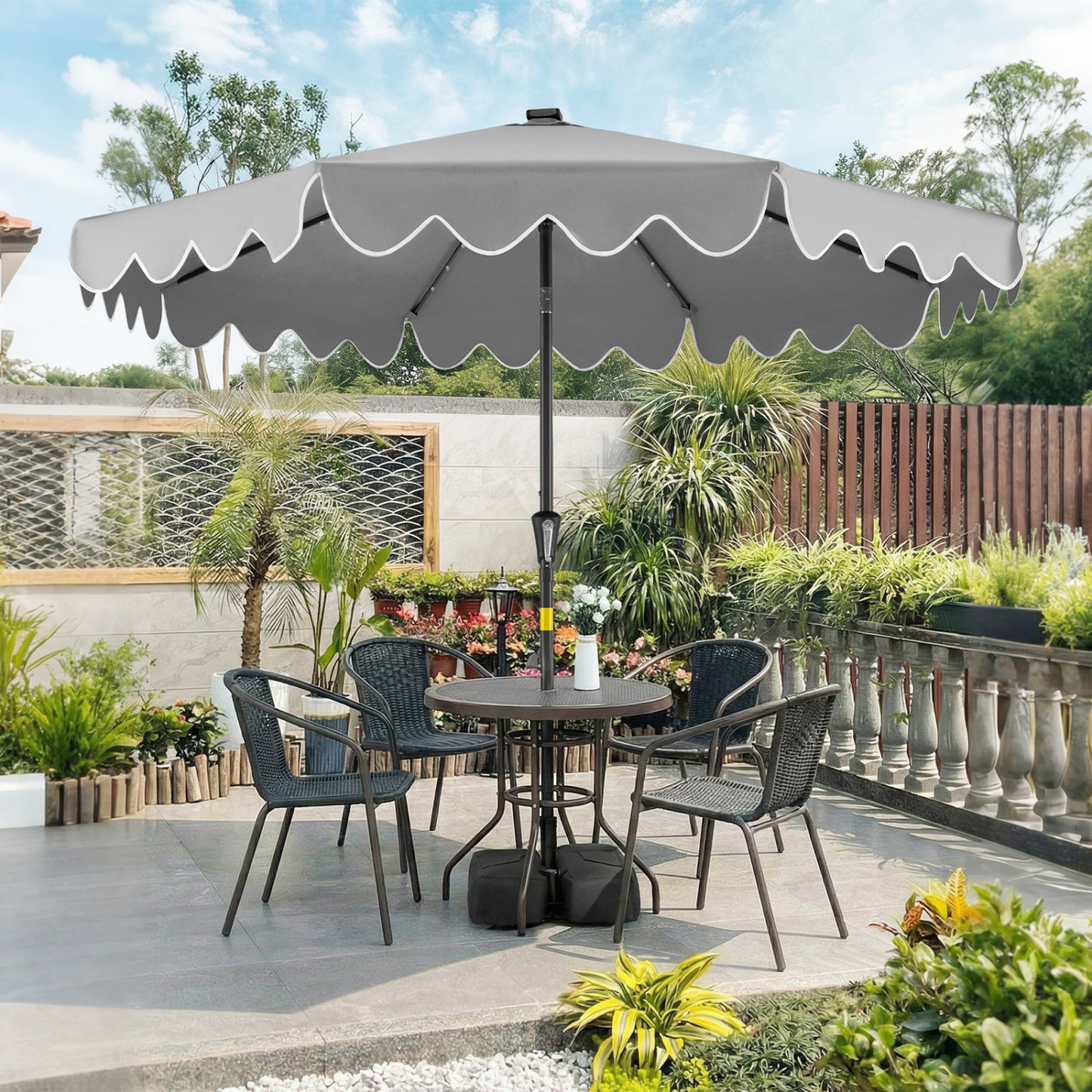 9 FT Outdoor Patio Umbrella, Solar LED Lights, Weighted Base, Gray Outdoor Umbrellas at Gallery Canada