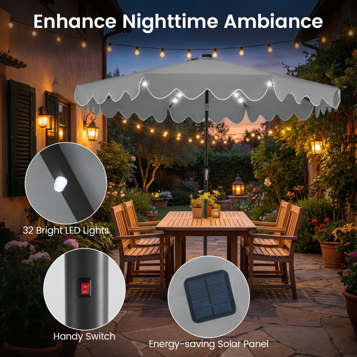 9 FT Outdoor Patio Umbrella, Solar LED Lights, Weighted Base, Gray Outdoor Umbrellas at Gallery Canada