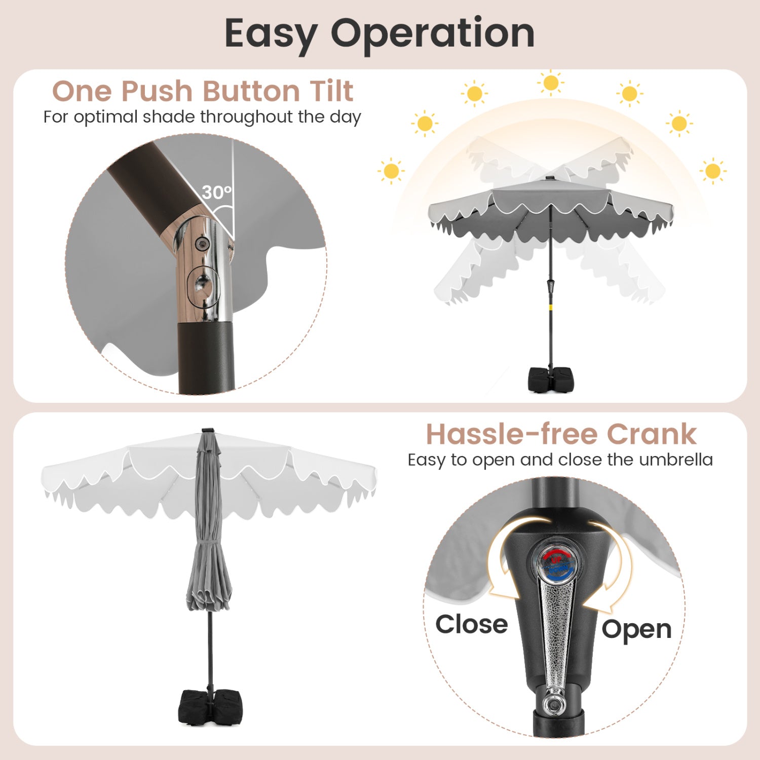 9 FT Outdoor Patio Umbrella, Solar LED Lights, Weighted Base, Gray Outdoor Umbrellas at Gallery Canada