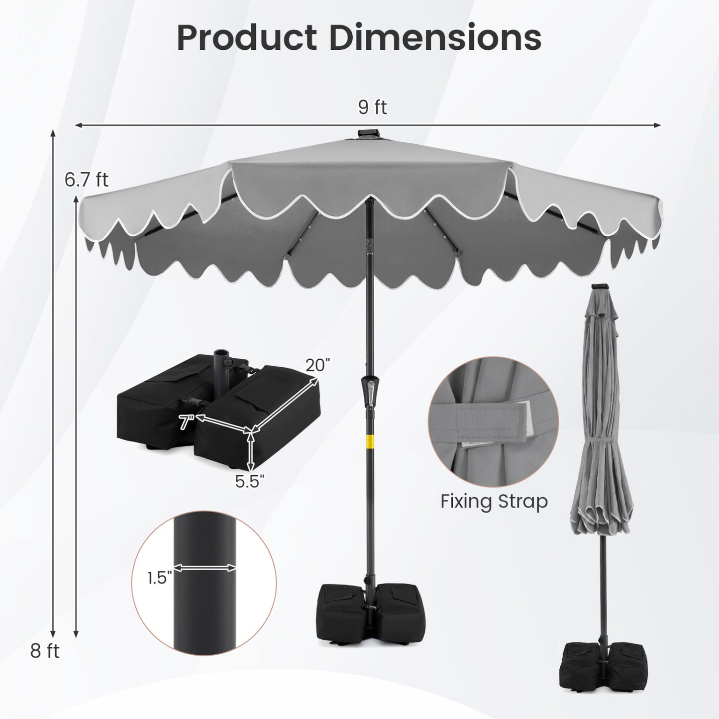 9 FT Outdoor Patio Umbrella, Solar LED Lights, Weighted Base, Gray Outdoor Umbrellas at Gallery Canada