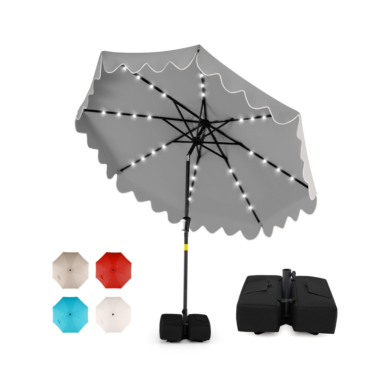 9 FT Outdoor Patio Umbrella, Solar LED Lights, Weighted Base, Gray Outdoor Umbrellas Gray at Gallery Canada