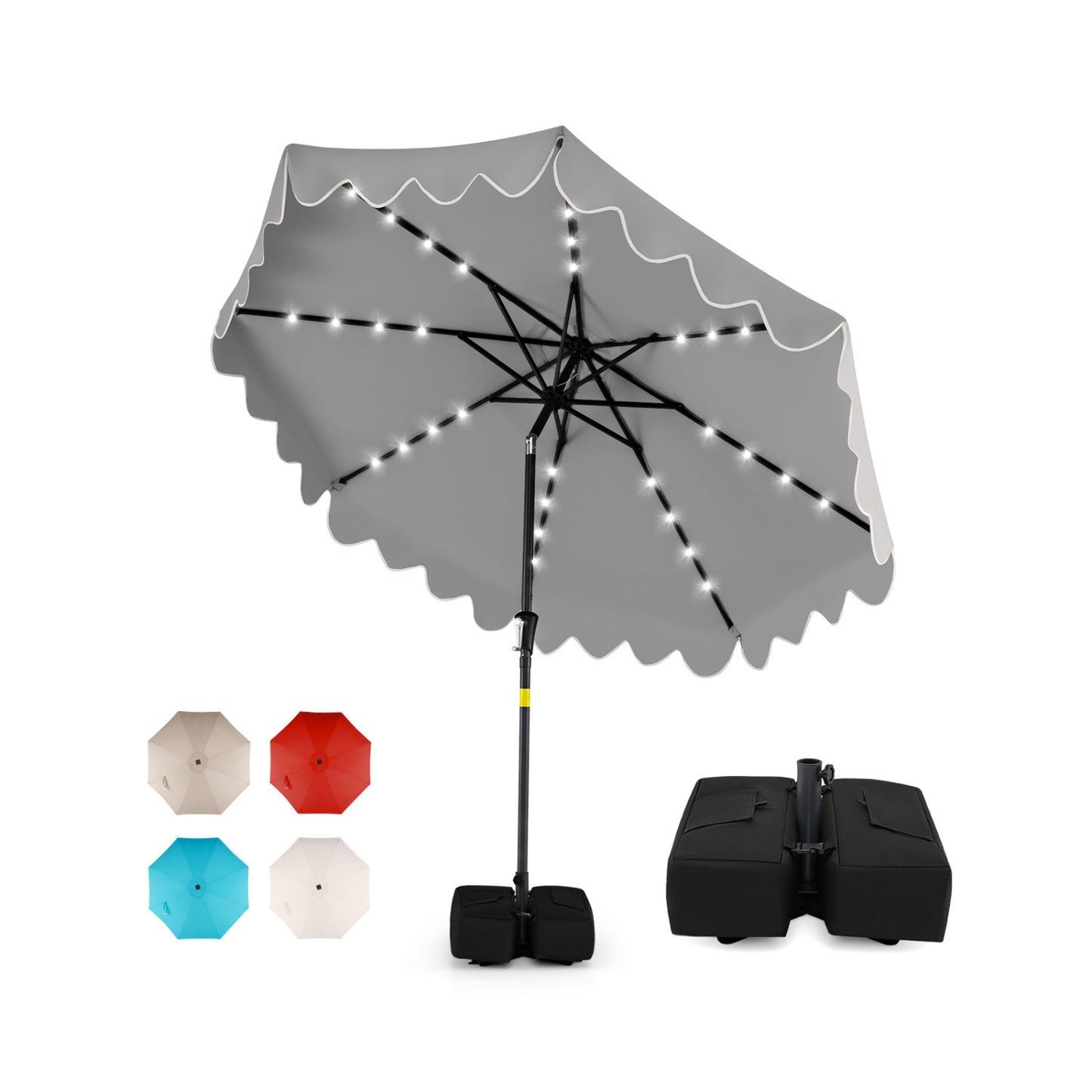 9 FT Outdoor Patio Umbrella, Solar LED Lights, Weighted Base, Gray Outdoor Umbrellas Gray at Gallery Canada