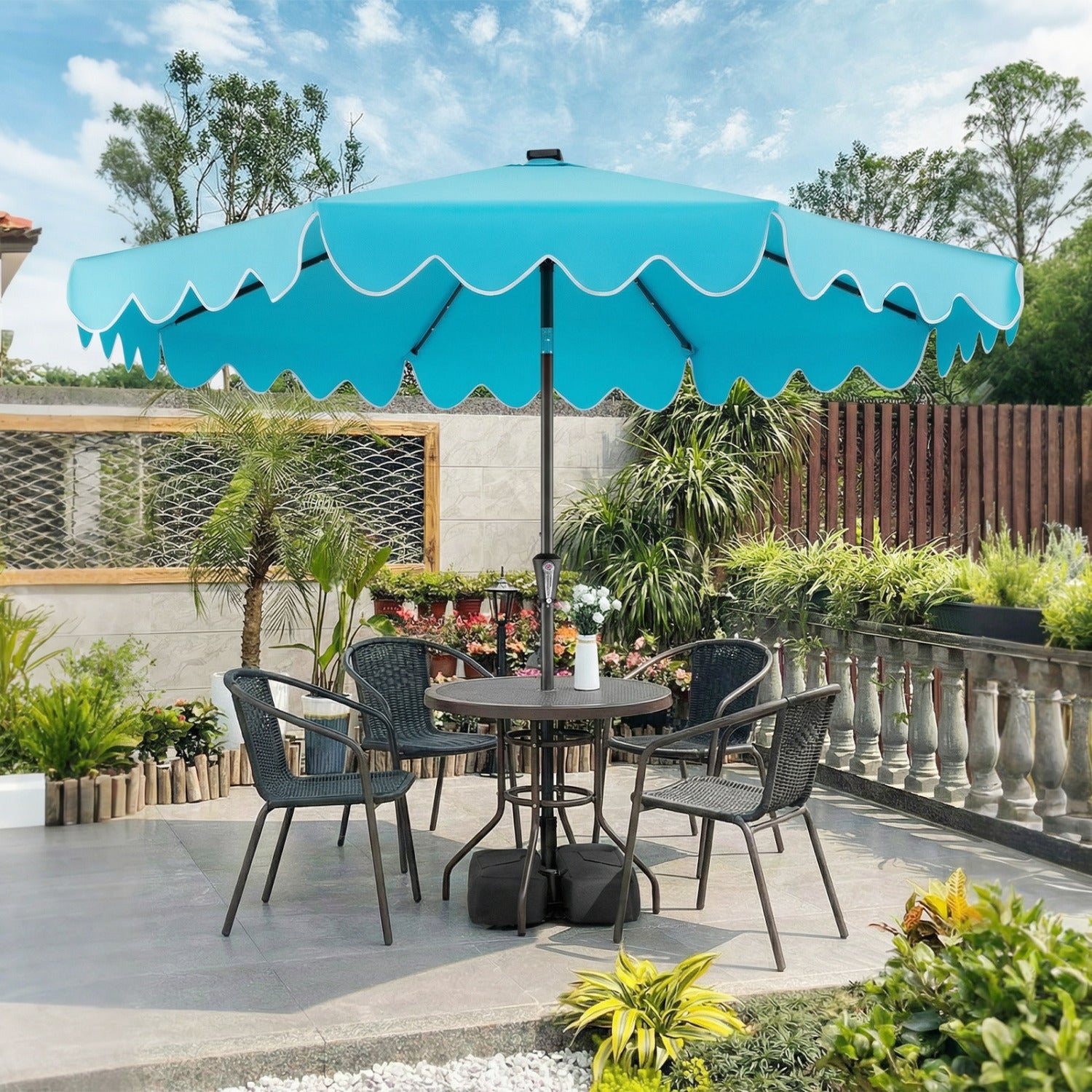 9 FT Outdoor Patio Umbrella, Solar LED Lights, Weighted Base, Turquoise Outdoor Umbrellas at Gallery Canada