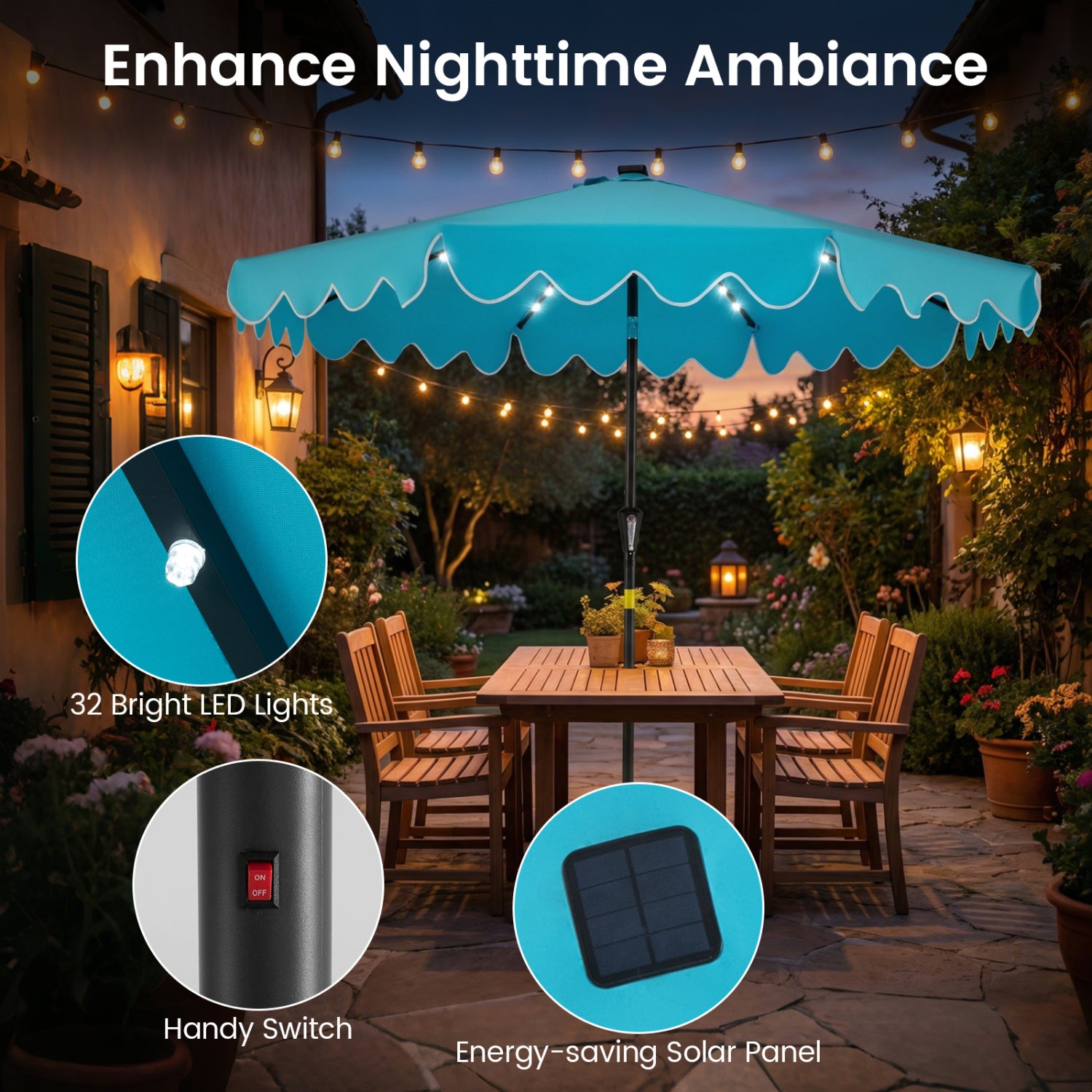 9 FT Outdoor Patio Umbrella, Solar LED Lights, Weighted Base, Turquoise Outdoor Umbrellas at Gallery Canada