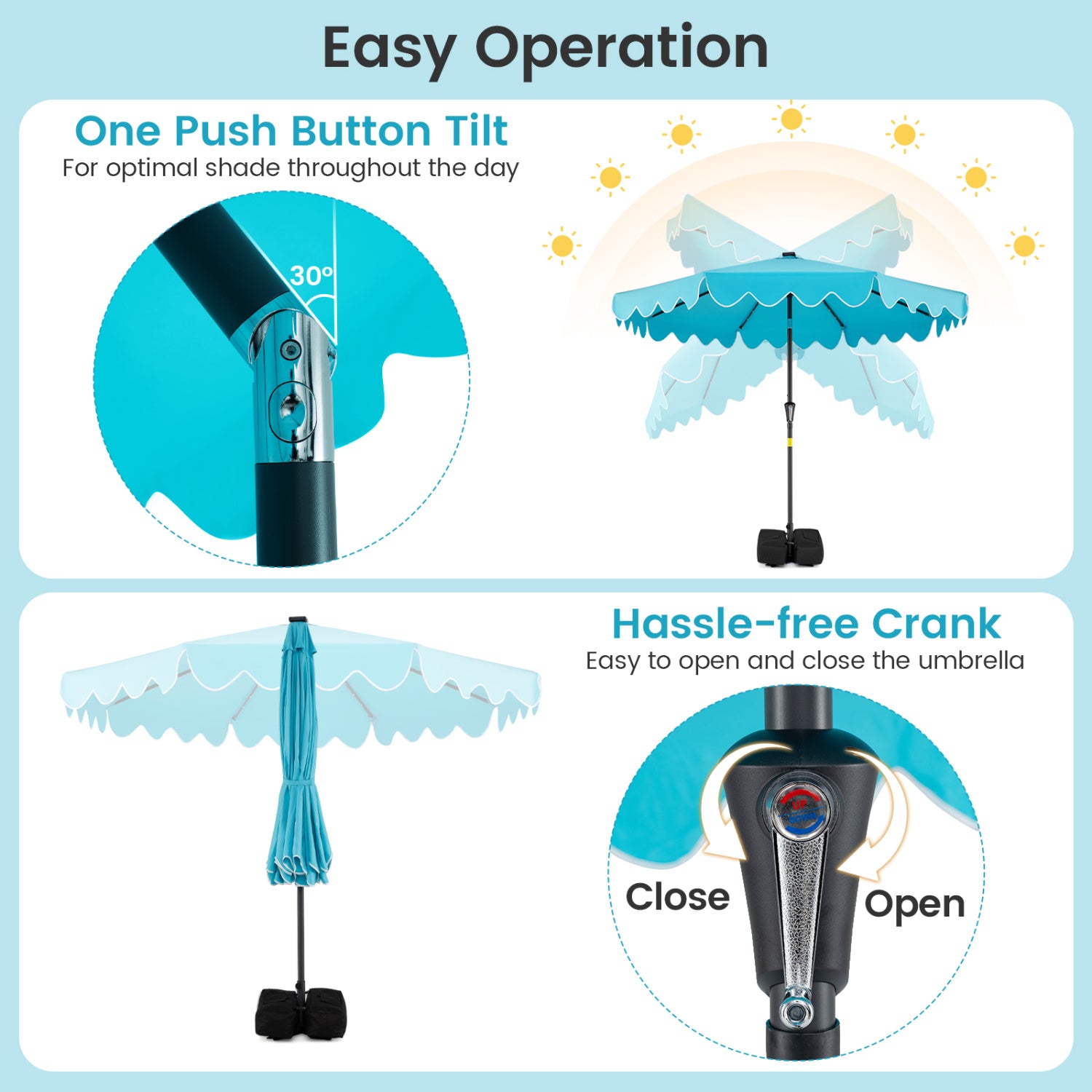 9 FT Outdoor Patio Umbrella, Solar LED Lights, Weighted Base, Turquoise Outdoor Umbrellas at Gallery Canada