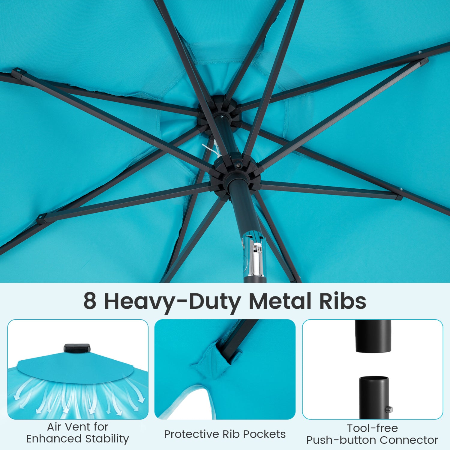 9 FT Outdoor Patio Umbrella, Solar LED Lights, Weighted Base, Turquoise Outdoor Umbrellas at Gallery Canada