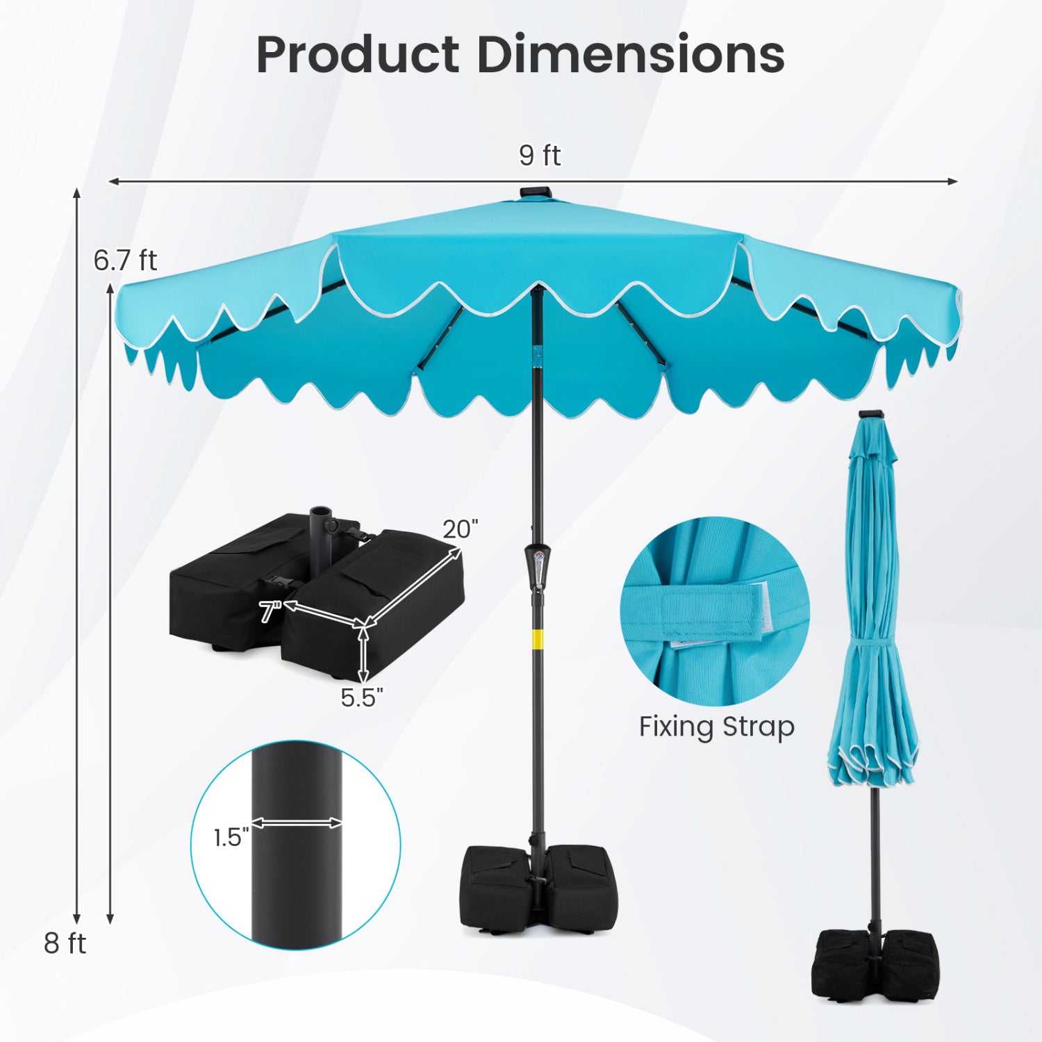 9 FT Outdoor Patio Umbrella, Solar LED Lights, Weighted Base, Turquoise Outdoor Umbrellas at Gallery Canada