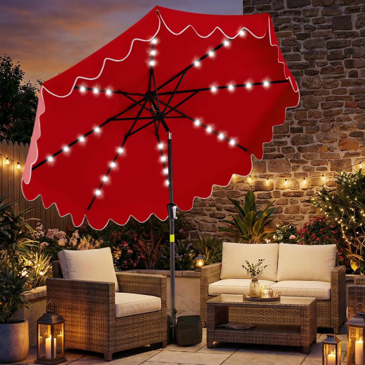 9 FT Outdoor Patio Umbrella, Solar LED Lights, Weighted Base, Red Outdoor Umbrellas at Gallery Canada