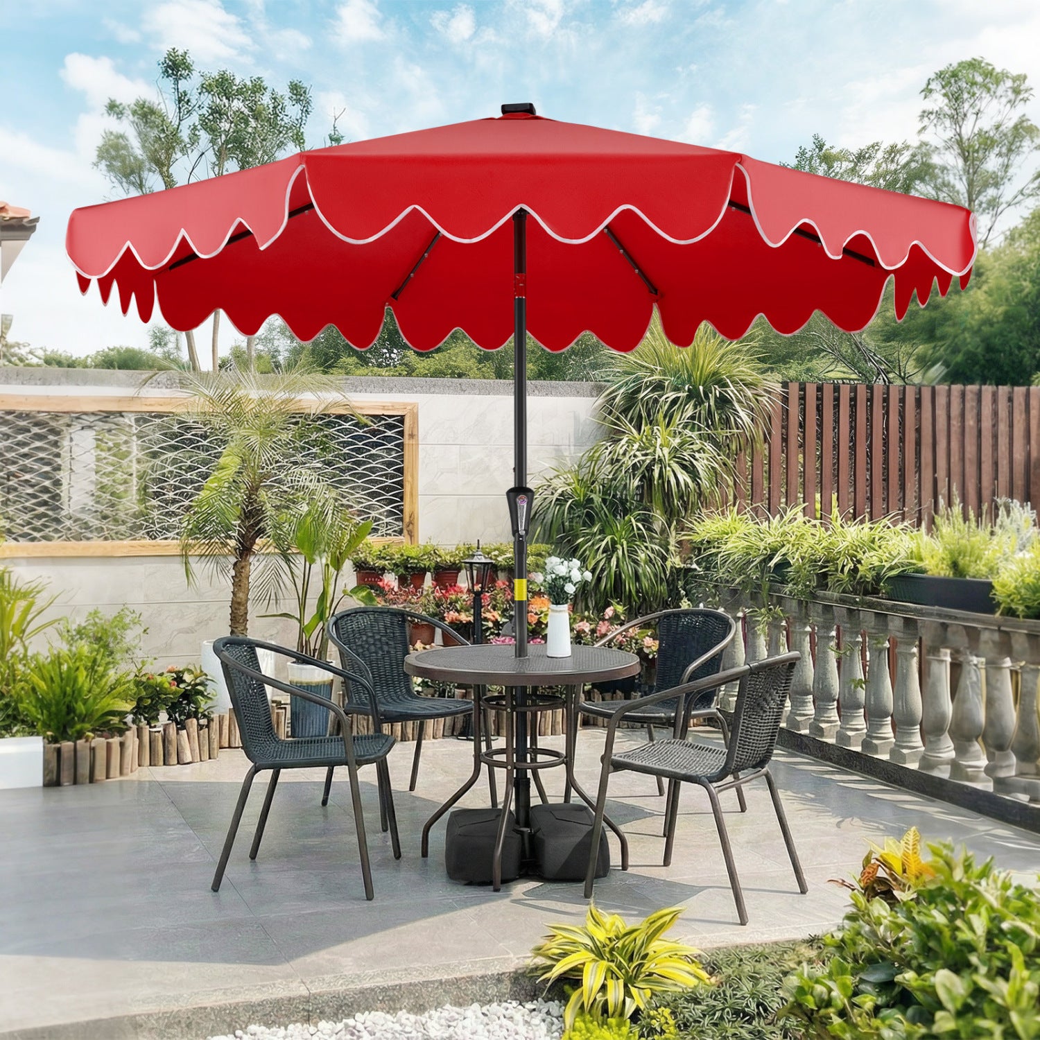 9 FT Outdoor Patio Umbrella, Solar LED Lights, Weighted Base, Red Outdoor Umbrellas at Gallery Canada