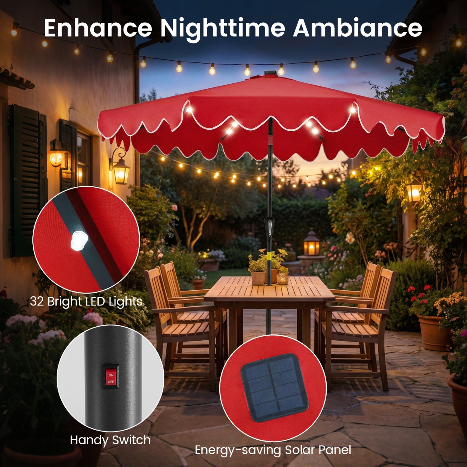 9 FT Outdoor Patio Umbrella, Solar LED Lights, Weighted Base, Red Outdoor Umbrellas at Gallery Canada