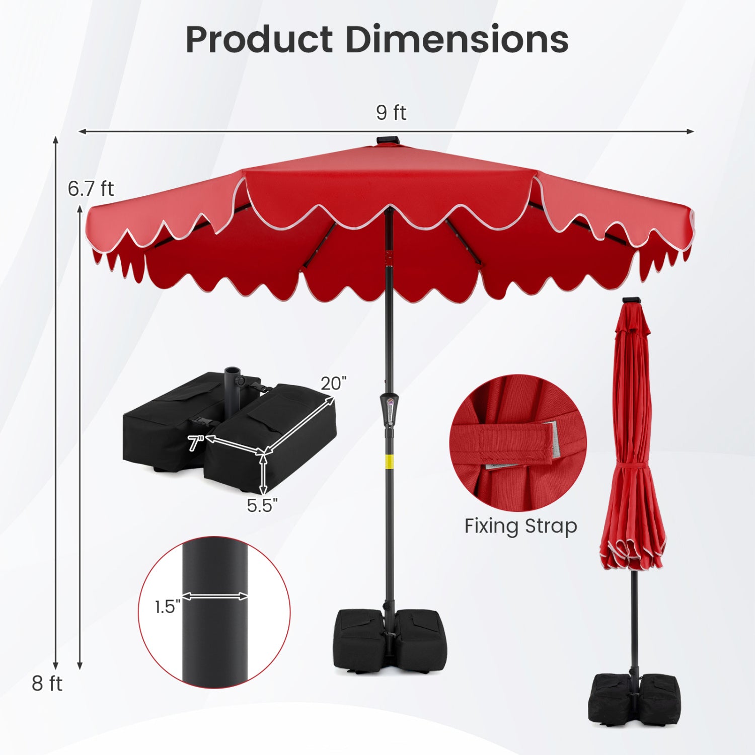 9 FT Outdoor Patio Umbrella, Solar LED Lights, Weighted Base, Red Outdoor Umbrellas at Gallery Canada