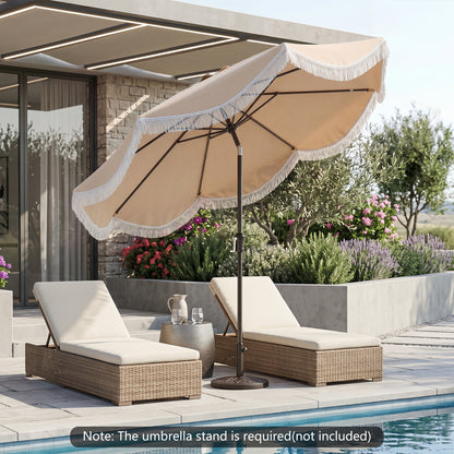9 FT Outdoor Tassel Umbrella with Push Button Tilt, White & Beige Outdoor Umbrellas at Gallery Canada