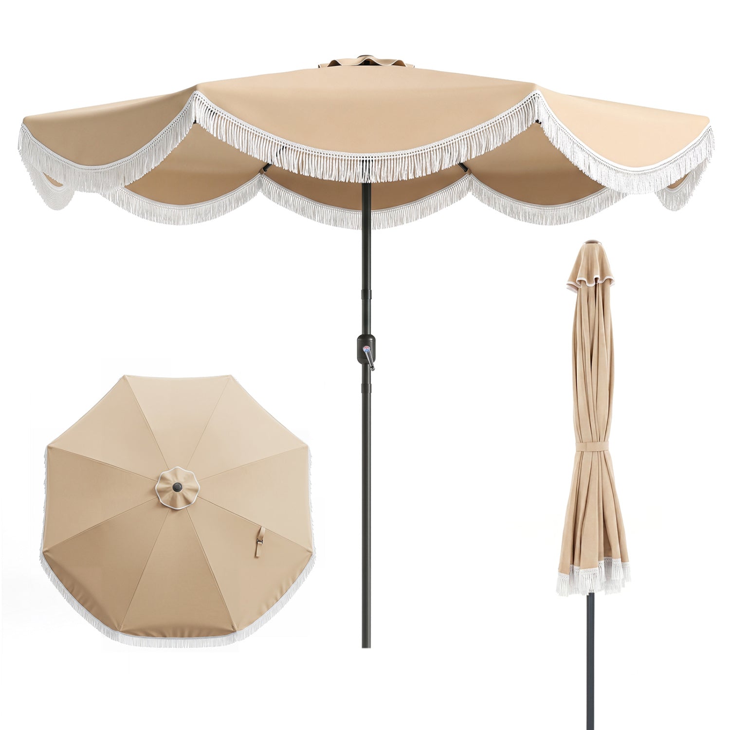 9 FT Outdoor Tassel Umbrella with Push Button Tilt, White & Beige Outdoor Umbrellas at Gallery Canada
