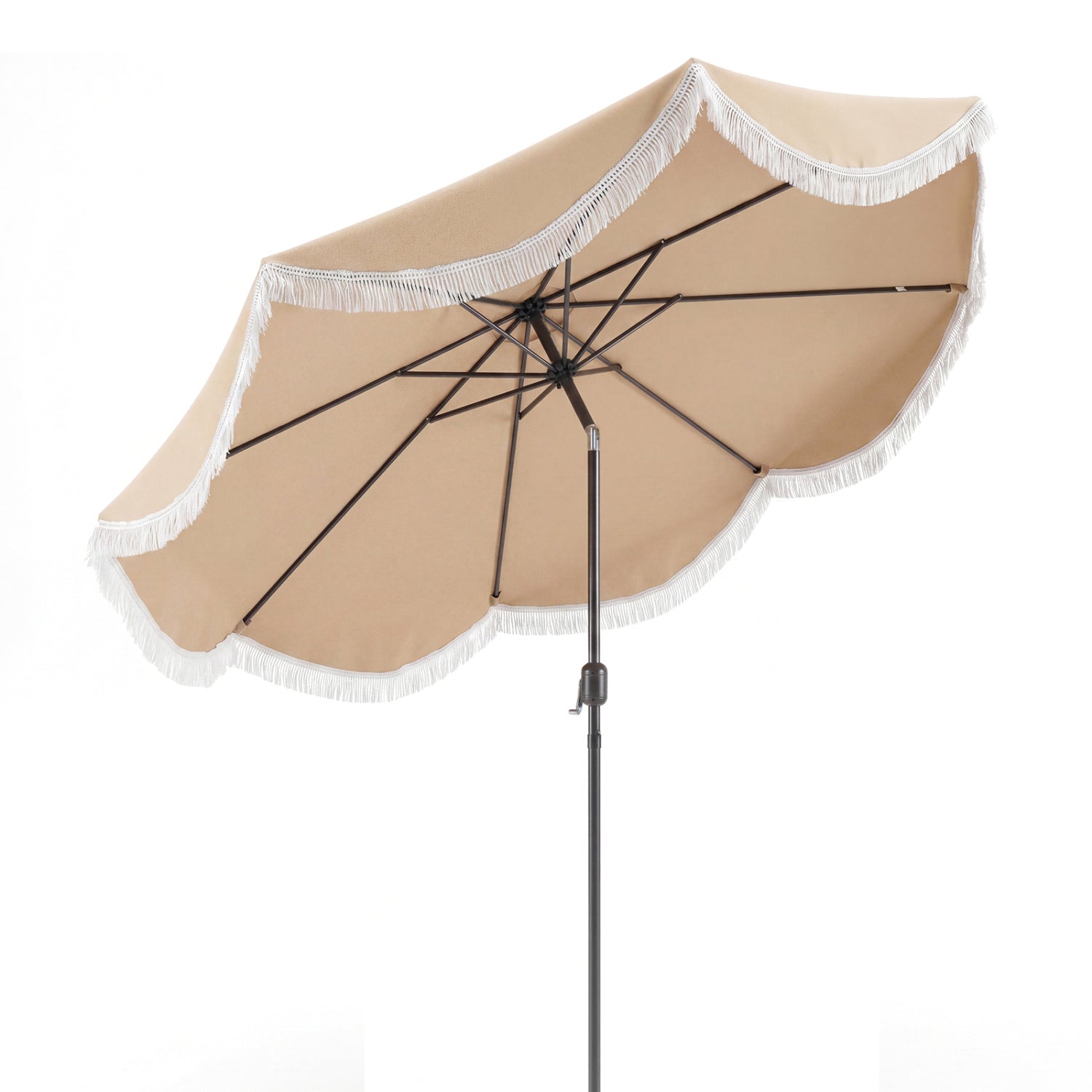 9 FT Outdoor Tassel Umbrella with Push Button Tilt, White & Beige Outdoor Umbrellas at Gallery Canada