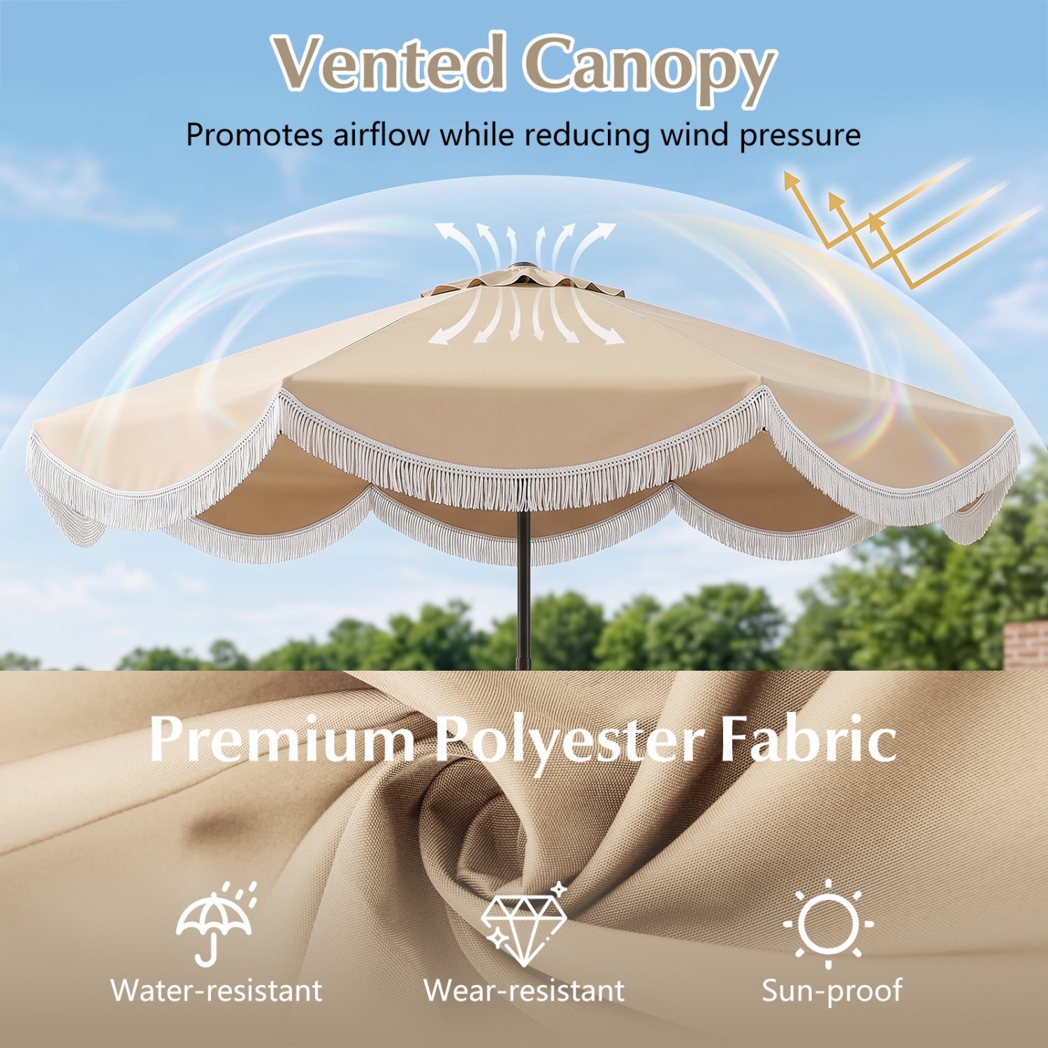 9 FT Outdoor Tassel Umbrella with Push Button Tilt, White & Beige Outdoor Umbrellas at Gallery Canada