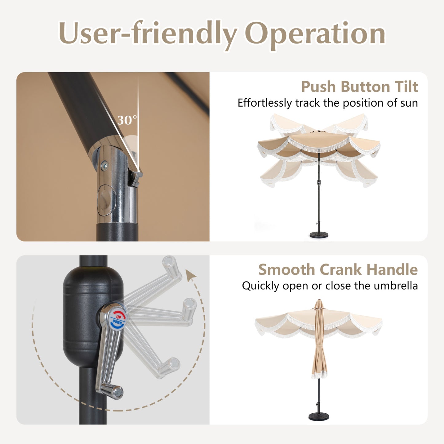 9 FT Outdoor Tassel Umbrella with Push Button Tilt, White & Beige Outdoor Umbrellas at Gallery Canada