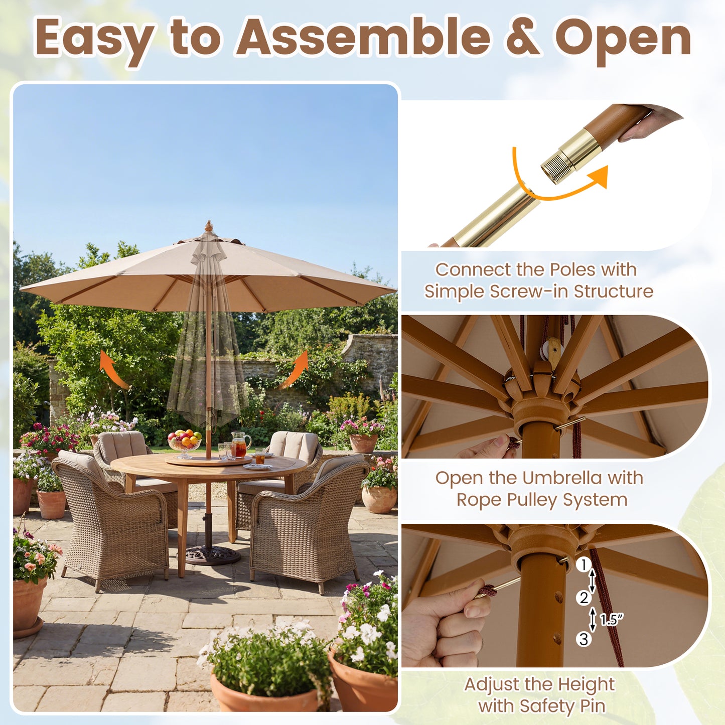 9 Ft Patio Umbrella, Outdoor Market Umbrella With 8 Bamboo Ribs, Brown Outdoor Umbrellas at Gallery Canada