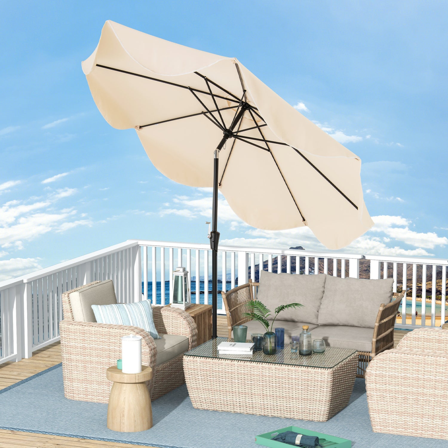 9 FT Patio Umbrella, Crank Handle, Push Button Tilt, Beige Outdoor Umbrellas at Gallery Canada