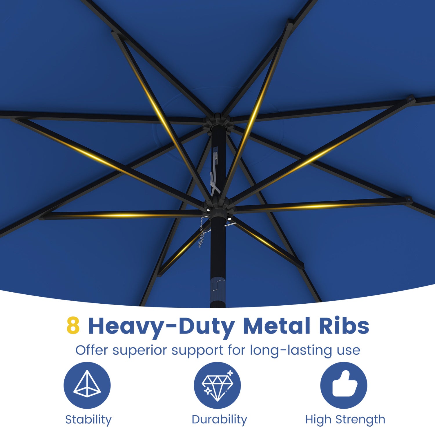 9 FT Patio Umbrella, Crank Handle, Push Button Tilt, Navy Outdoor Umbrellas at Gallery Canada