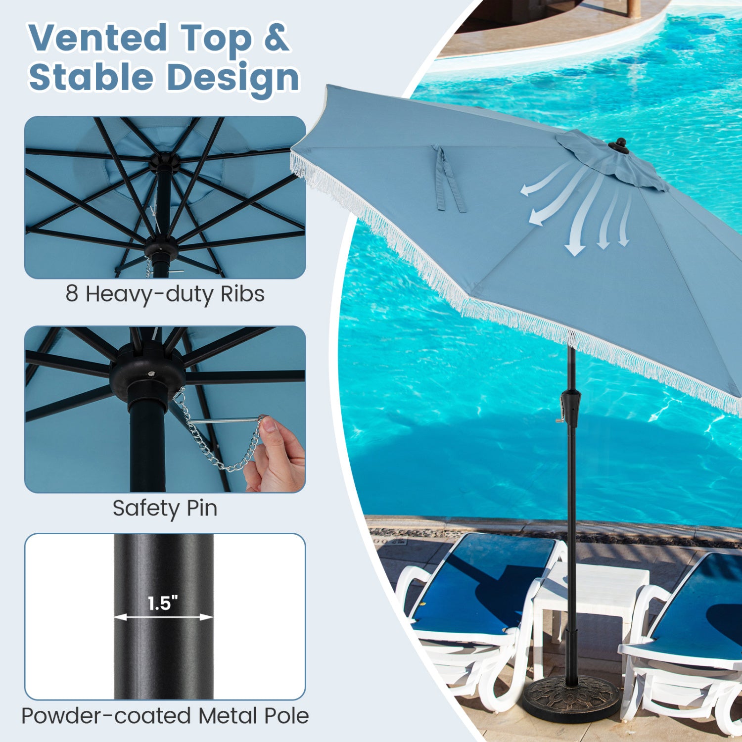 9 FT Patio Umbrella, Sun-Protective Canopy, Navy Outdoor Umbrellas at Gallery Canada