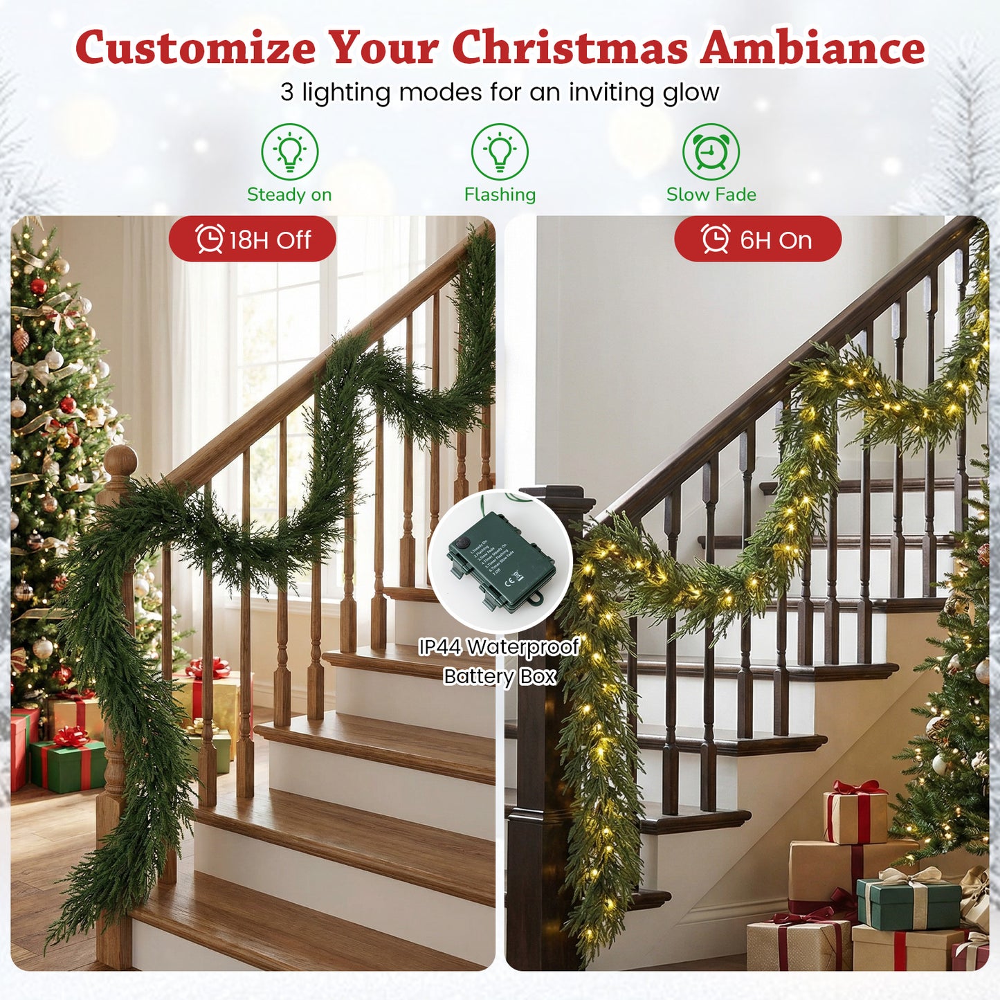 9 FT Pre-lit Artificial Cypress Christmas Garland with 50 Warm White LED Lights and 130 Branch Tips Christmas Decor & Accessories at Gallery Canada