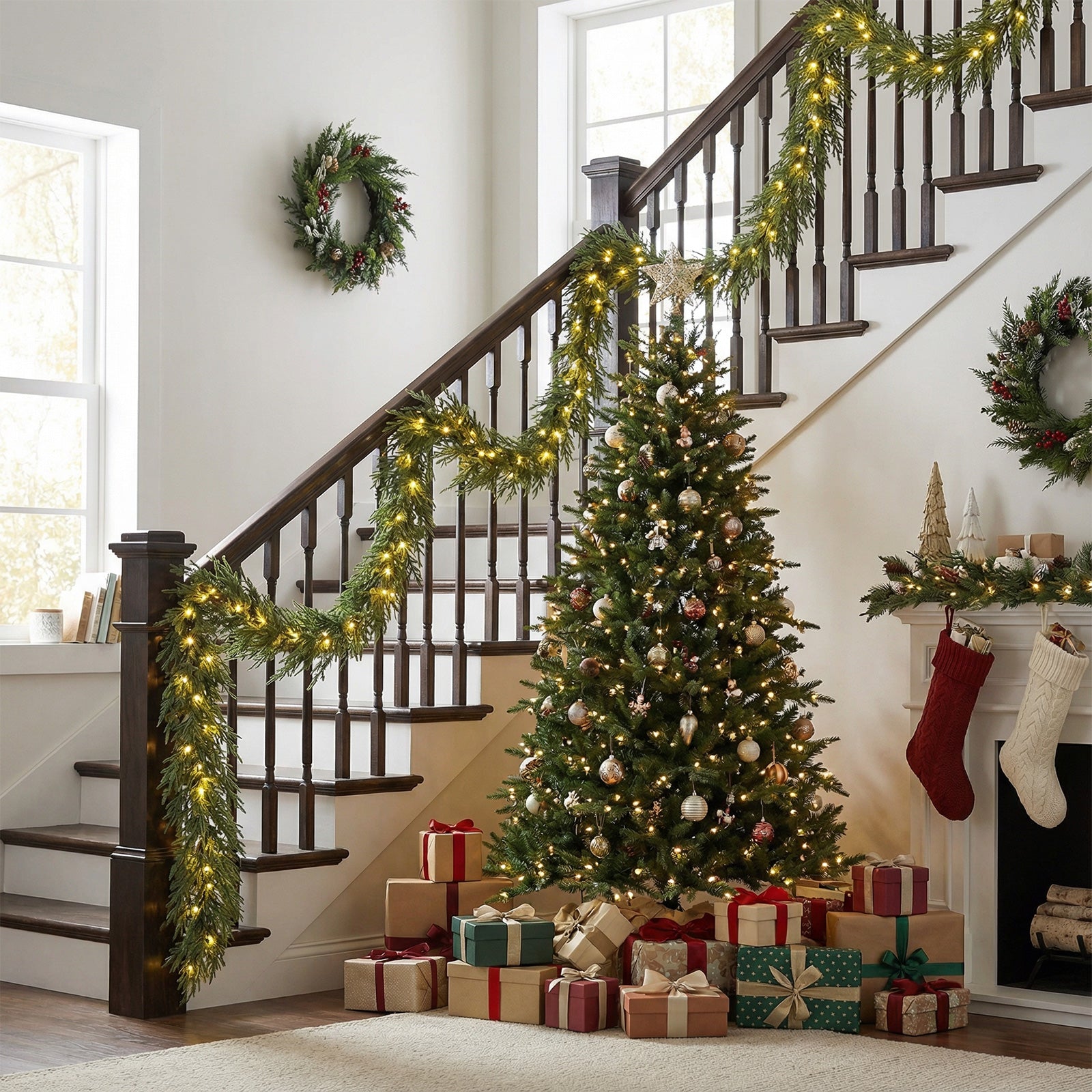 9 FT Pre-lit Artificial Cypress Christmas Garland with 50 Warm White LED Lights and 130 Branch Tips Christmas Decor & Accessories at Gallery Canada