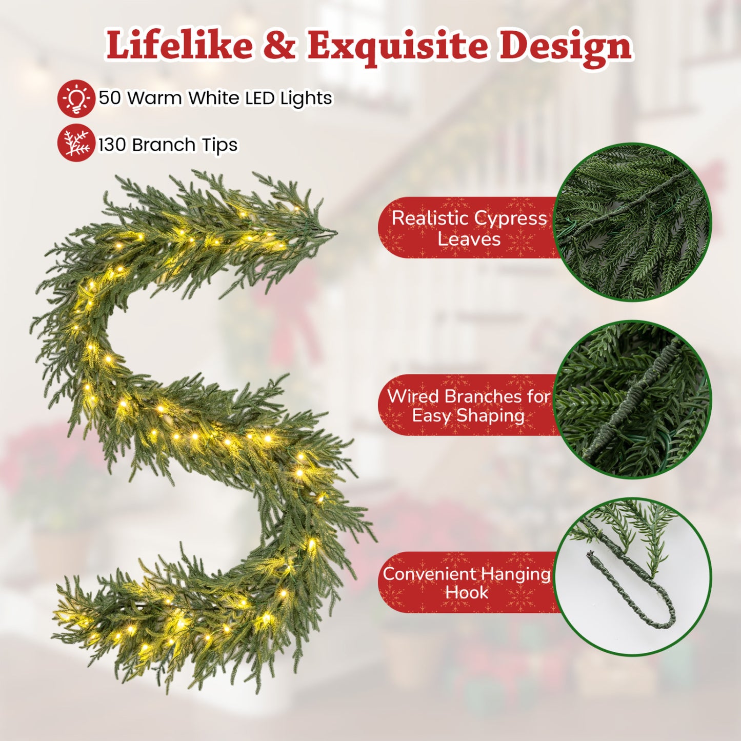 9 FT Pre-lit Artificial Cypress Christmas Garland with 50 Warm White LED Lights and 130 Branch Tips Christmas Decor & Accessories at Gallery Canada