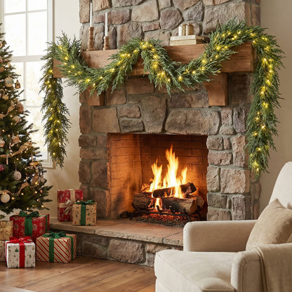 9 FT Pre-lit Artificial Cypress Christmas Garland with 50 Warm White LED Lights and 130 Branch Tips Christmas Decor & Accessories at Gallery Canada