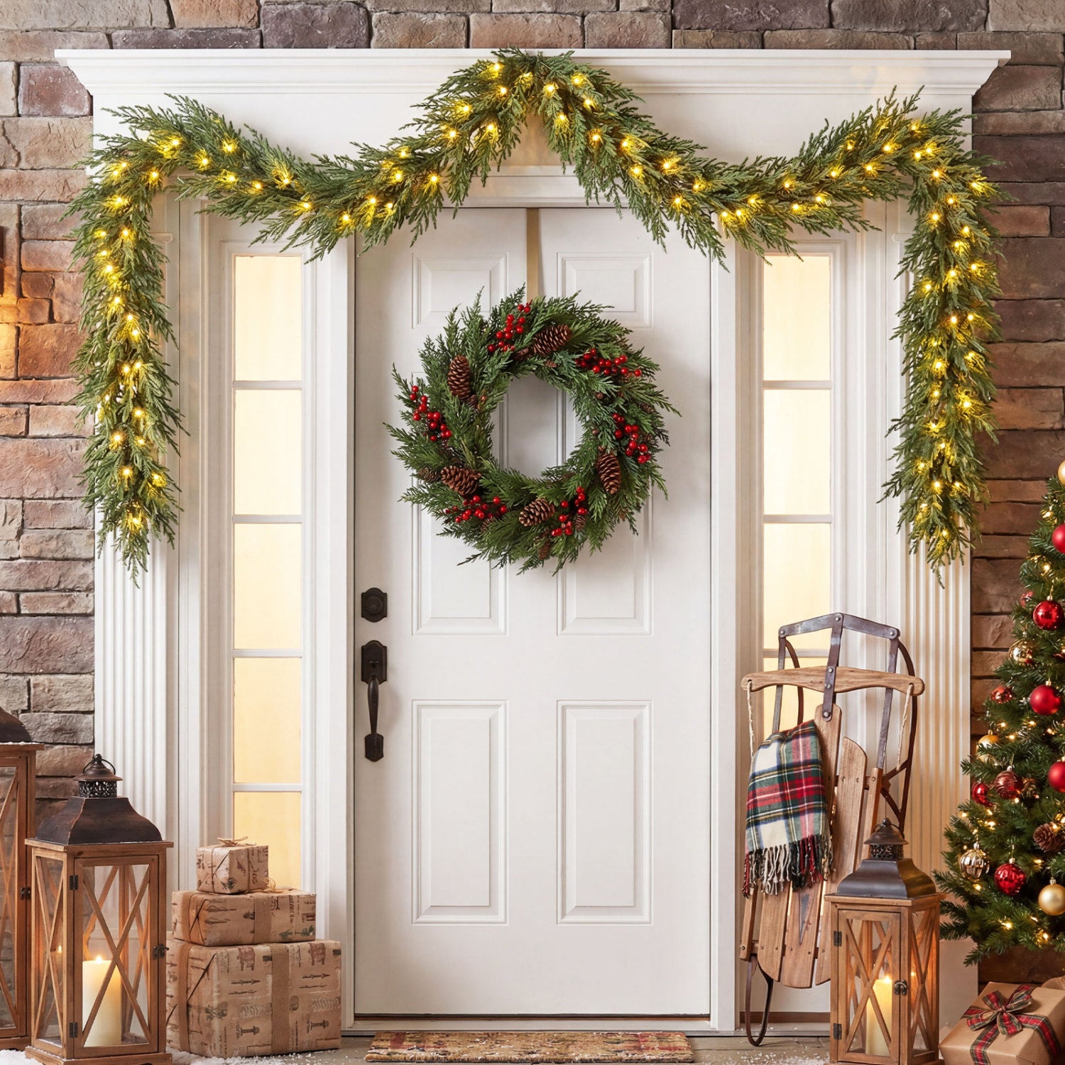 9 FT Pre-lit Artificial Cypress Christmas Garland with 50 Warm White LED Lights and 130 Branch Tips Christmas Decor & Accessories at Gallery Canada