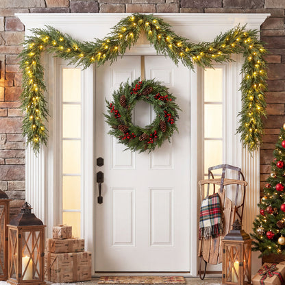 9 FT Pre-lit Artificial Cypress Christmas Garland with 50 Warm White LED Lights and 130 Branch Tips Christmas Decor & Accessories at Gallery Canada