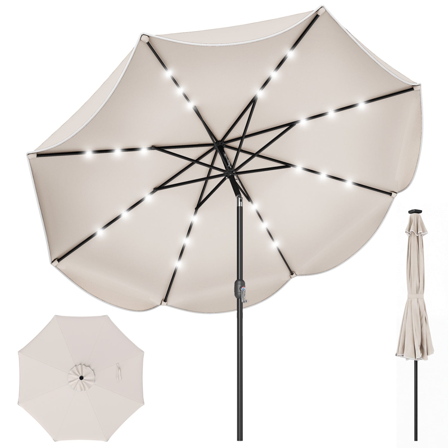 9 FT Scalloped Solar Patio Umbrella with 24 LED Lights, Beige Outdoor Umbrellas at Gallery Canada