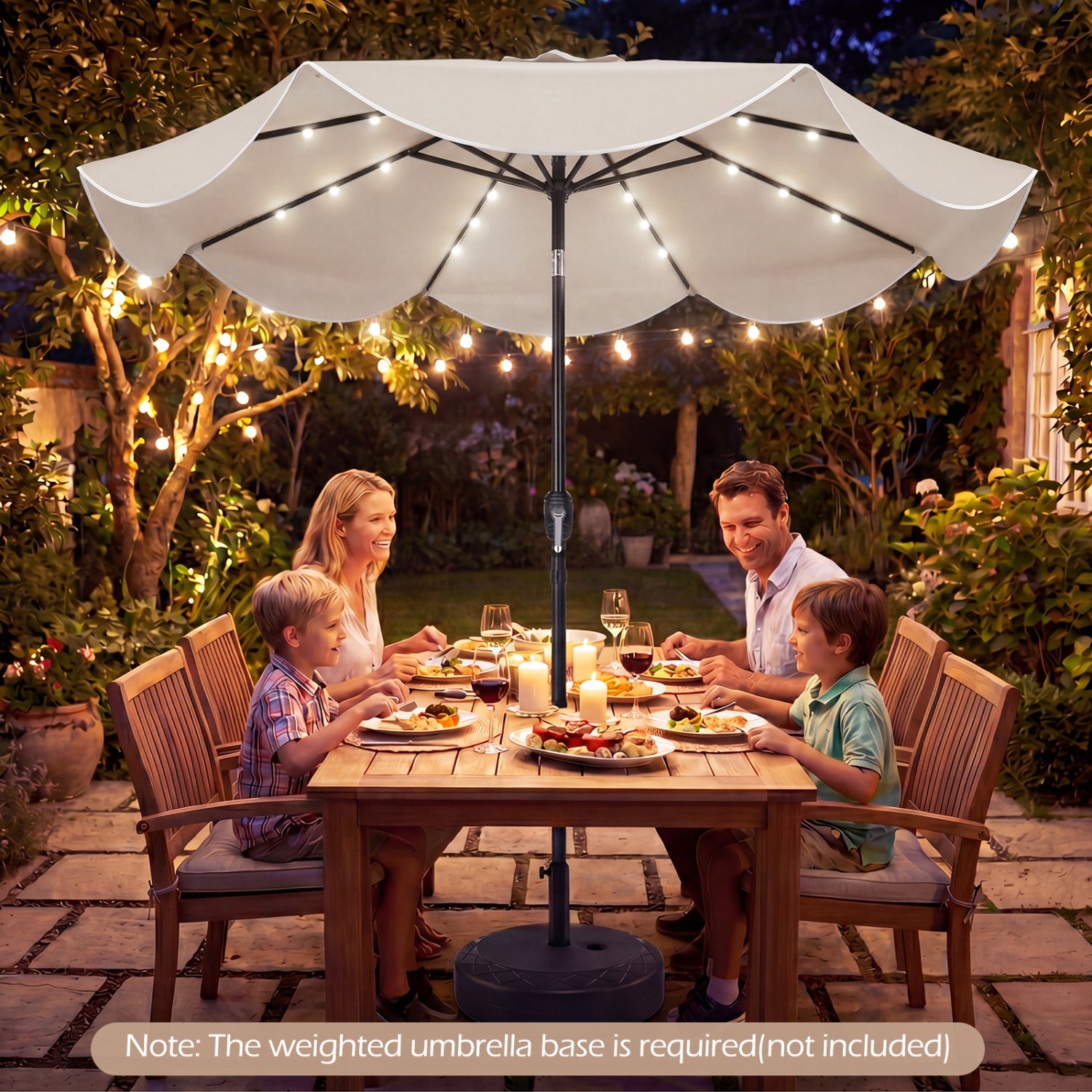 9 FT Scalloped Solar Patio Umbrella with 24 LED Lights, Beige Outdoor Umbrellas at Gallery Canada