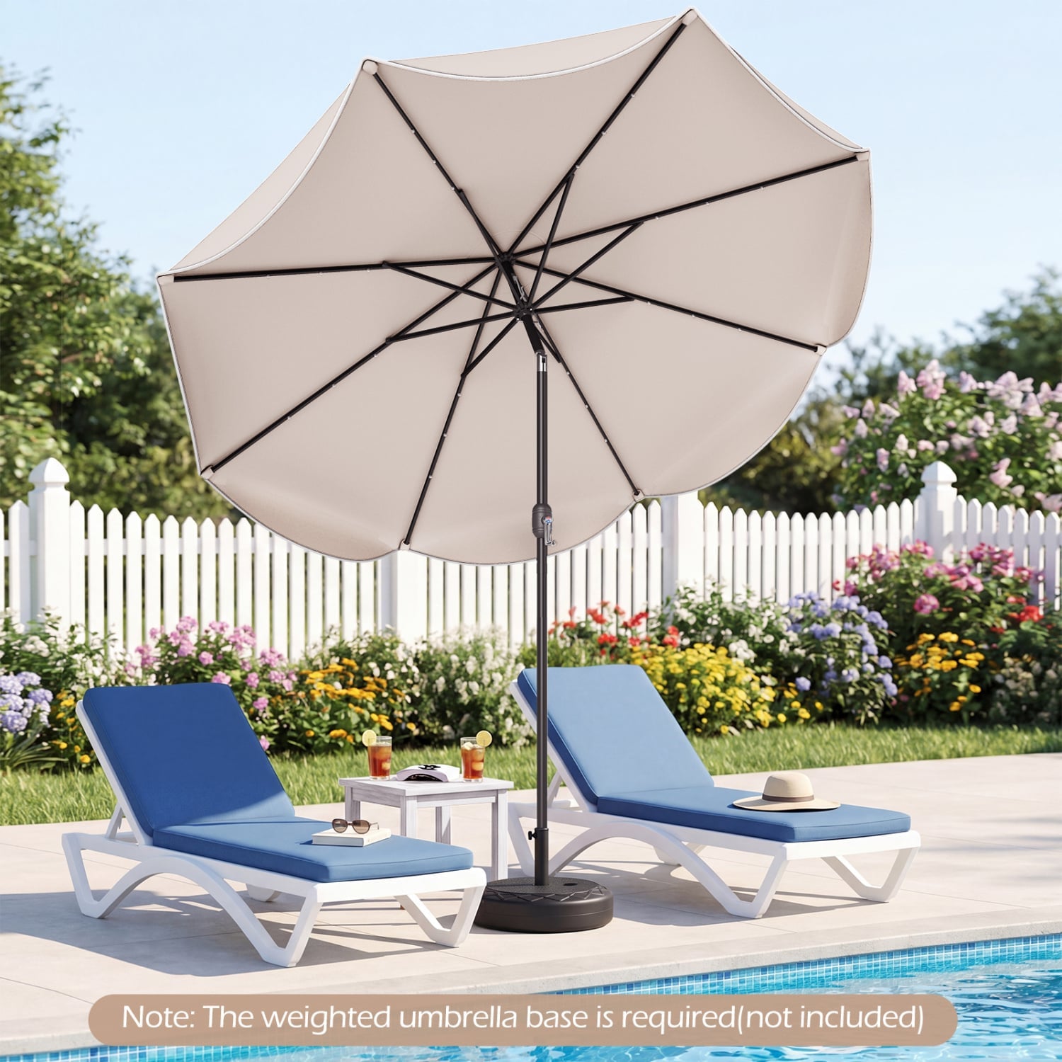 9 FT Scalloped Solar Patio Umbrella with 24 LED Lights, Beige Outdoor Umbrellas at Gallery Canada