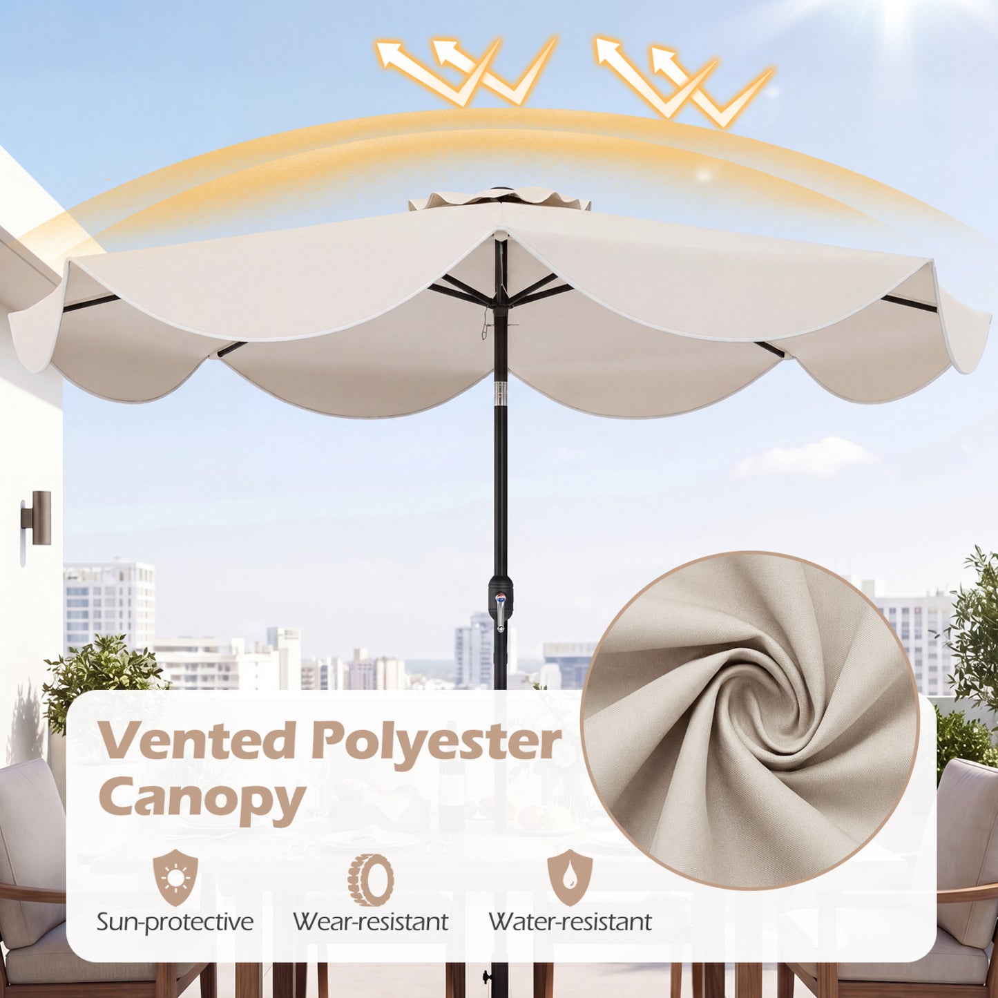 9 FT Scalloped Solar Patio Umbrella with 24 LED Lights, Beige Outdoor Umbrellas at Gallery Canada