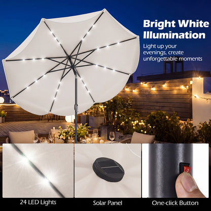 9 FT Scalloped Solar Patio Umbrella with 24 LED Lights, Beige Outdoor Umbrellas at Gallery Canada