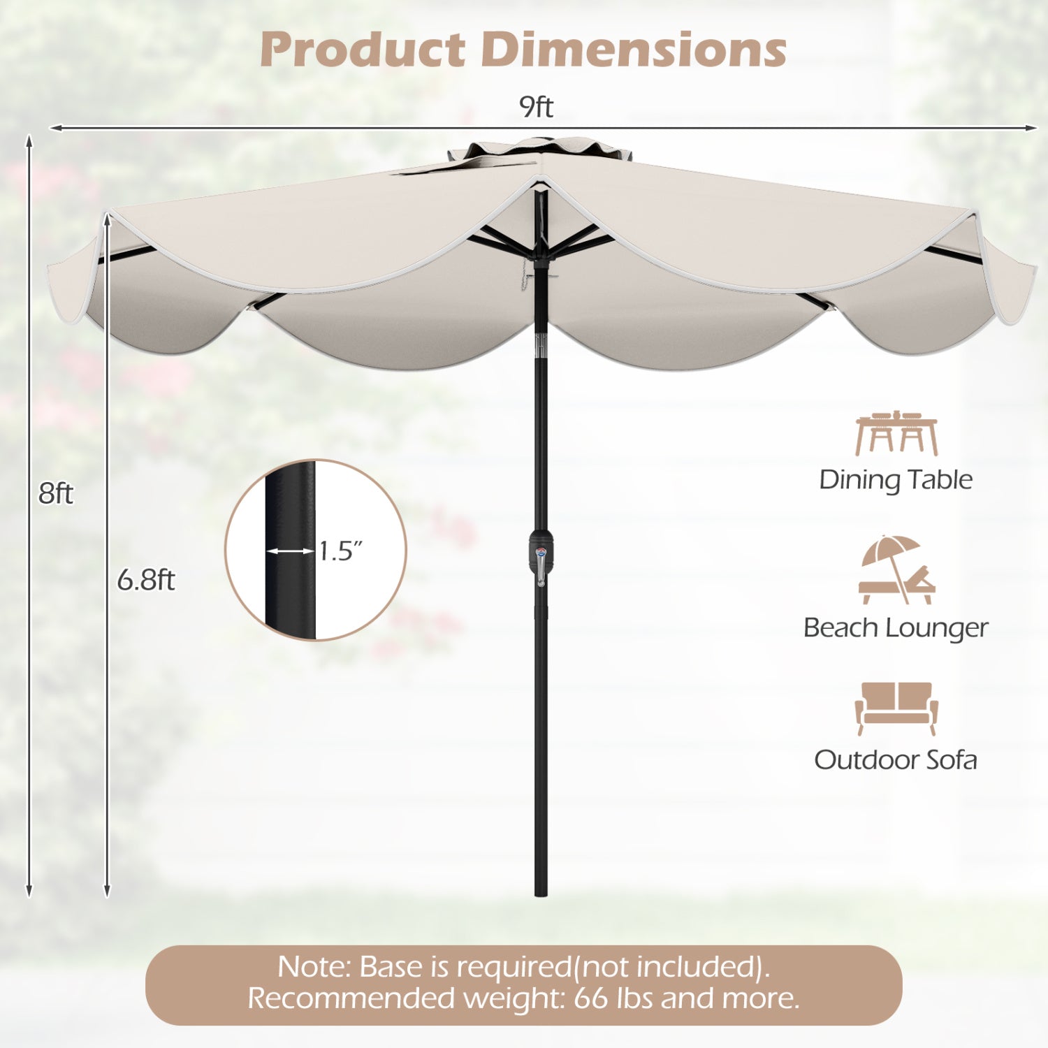 9 FT Scalloped Solar Patio Umbrella with 24 LED Lights, Beige Outdoor Umbrellas at Gallery Canada
