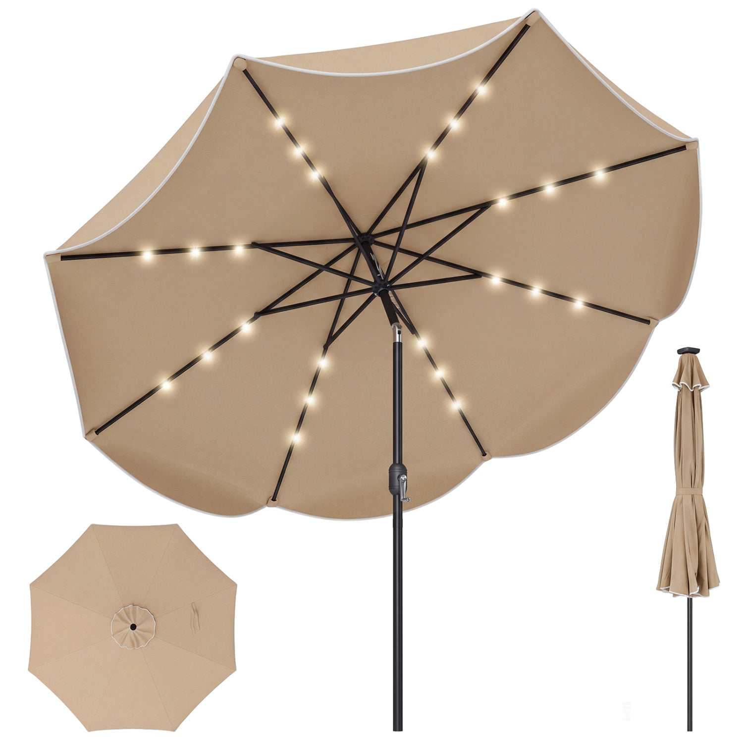 9 Ft Scalloped Solar Patio Umbrella With LED Lights, Tan Outdoor Umbrellas Tan at Gallery Canada