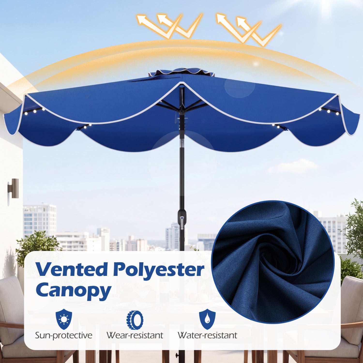 9 FT Scalloped Solar Patio Umbrella, Navy Outdoor Umbrellas at Gallery Canada